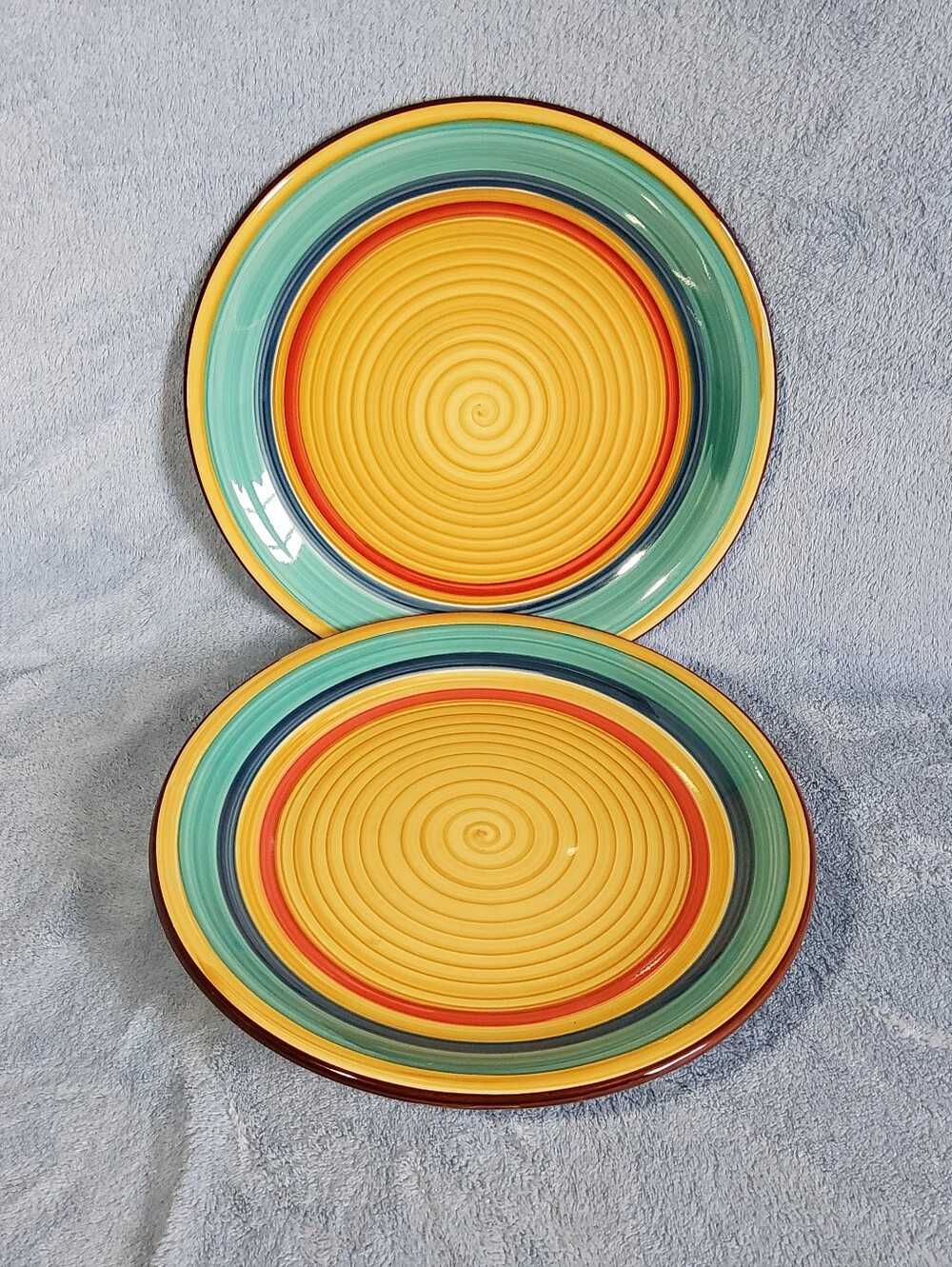 Set of 2 Gibson Home 10.5" Dinner Plates Rainbow Swirl Multi-Color Fiesta Style